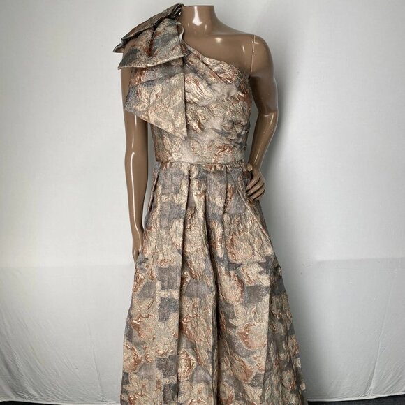 Donna Karan Women’s One-Shoulder Bow Maxi Ball Gown Size 2 Ash Brown Floral - Picture 1 of 10